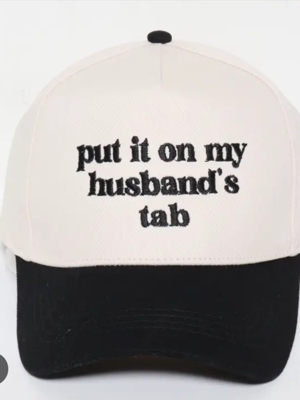 Put It On My Husband's Tab Two-Tone Baseball Cap - Black & White